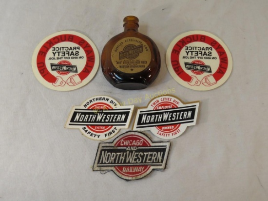 C&NW Whiskey bottle, stickers and patches