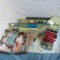 Tin doll house, doll clothes, cash register & more