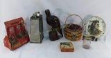 Vintage toy gun, basket, bottles, decoratives