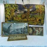 Deer tapestry and assorted religious prints