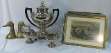 Silverplate coffee set, brass bookends & etchings