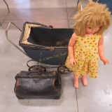 Large plastic doll, vintage buggy & Dr. bag