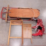 Glass washing board, sled and red ice skates