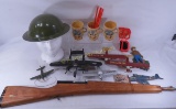 Toy helmet, gun, wood airplanes & toys