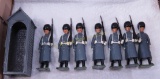 Britains metal soldiers in coats & guard house