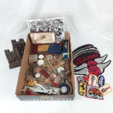 Watches, pins, patches, mini tools, harmonica