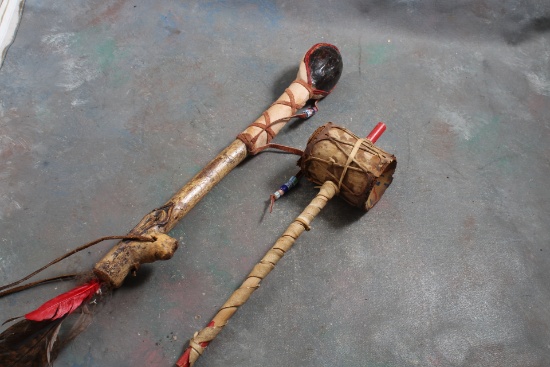 2 Vintage Native American Ceremonial Rattles 20" & 12"