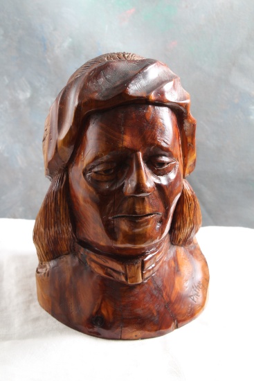 Hand carved Wooden Native American Indian Bust Artist Signed See Photo