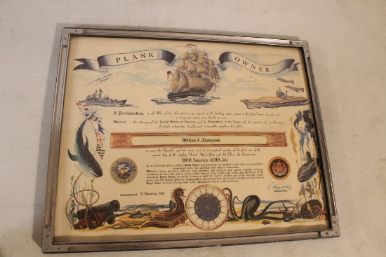 January 23, 1965 USS America Plank Owner Navy Dept. Certificate Wm. Thompson