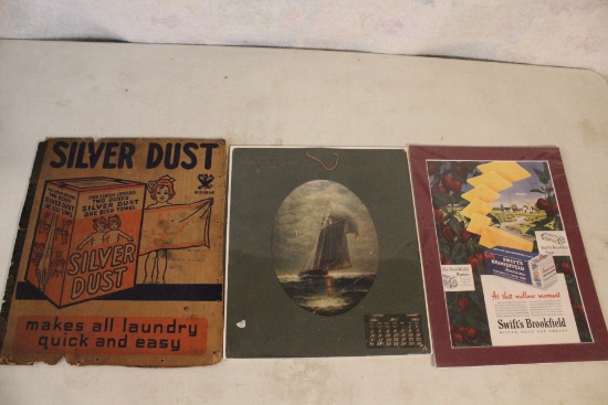 3 Vintage Advertising Signs, Silver Dust Laundry Soap, Swift's Brookfield Butter,