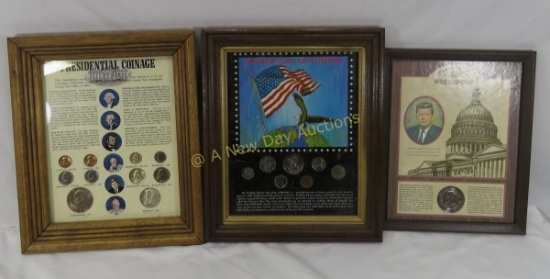 Framed Coin collections with some silver coins