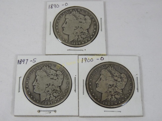 1890 O, 1897 S, 1908 O Morgan Silver Dollars