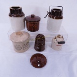 6 Stoneware Miniatures and 1 lid- Crocks, Jug