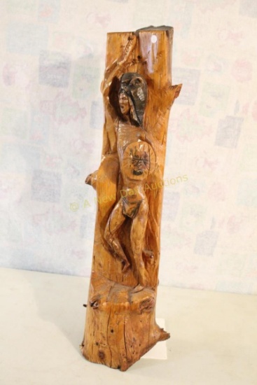 Large Hand Carved Totem Pole Devil Warrior w/Horns