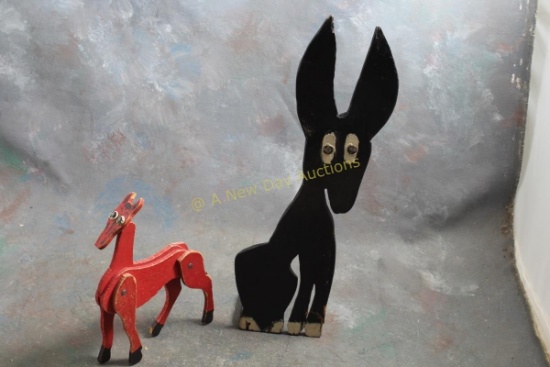 (2) Primitive Folk Art Wood Toys Donkey 13" Tall