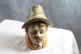 Antique Pottery Figural Tobacco Jar Man with Green