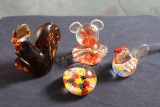 (4) Glass Paperweights Root Beer Rooster, Bear