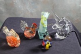 (5) Glass Mniatures Unicorn, Cat, Rooster, Fish Paperweights