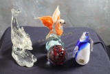 (4) Glass Miniatures Bird, Fish, Penguin & Round Paperweights