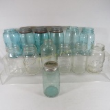 Blue and Clear Mason Jars some with Lids