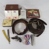 Vintage flask, belts, playing cards, pocket knife