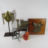 Brass Mask, Dog Plaque, Cat & Dolphin Statues