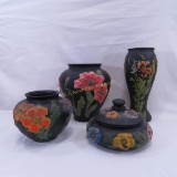 3 Black Satin Tiffin Floral Vases & Candy Jar