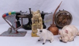 Cast iron pig banks, egg scale, Scale, oil can