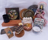 Souvenir doll, plates, china, wood box, bank