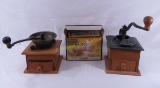 2 Vintage Coffee Grinders & set of bamboo coasters