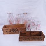 Vintage Dairy Bottles with Wood Advertising Boxes