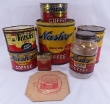 Vintage Nash Coffee Advertising Tins, Glass Jars