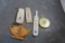 Lot Metal & Wood Adv. Thermometers All Work