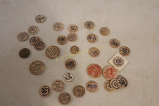 25+ Wooden Bar Nickels Indian Logo, Merry Xmas,