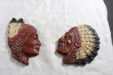 Pair Syroco Wood Wall Hangings Indian Chief Maiden