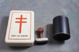 Leather Dice Cup, Welch Creamery Rubber Stamp &