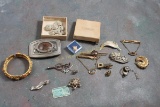 Jewelry Lot Rhinestone Pins, Bracelet, Tie Clips,