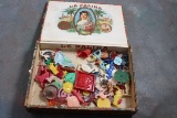 Wood Cigar Box Full of Cracker Jack Prize Toys
