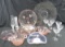 Pink depression glass and etched glass pieces