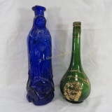 Blue Madonna decanter & green good luck bottle