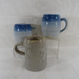 3 Stoneware Mugs- 2 fade blue & 1 hunt scene