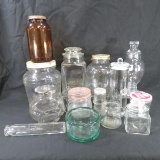 Vintage glass bottles and jars- some with lids