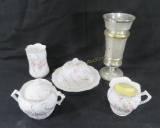 4 pc China set  & blown glass vase