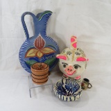 Mexican pottery vase, piggy bank and more
