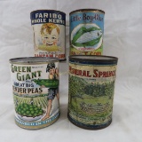 4 vintage pea and corn tins with paper labels