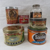 5 vintage coffee tins & 1 Sanka jar