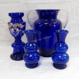 4 Hand Blown cobalt glass vases