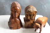 3 Wood Carvings Buffalo & 2 Native American Indian