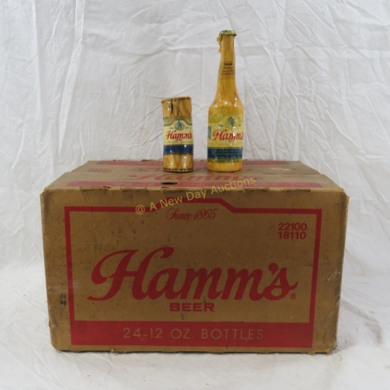 Hamm's Bottle Crate & Carved Wood Can & Bottle