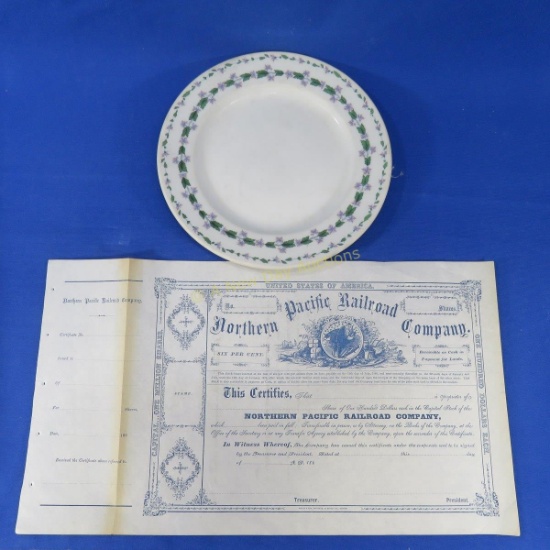 NP Stock Certificate & Garnet Pattern 8" Plate